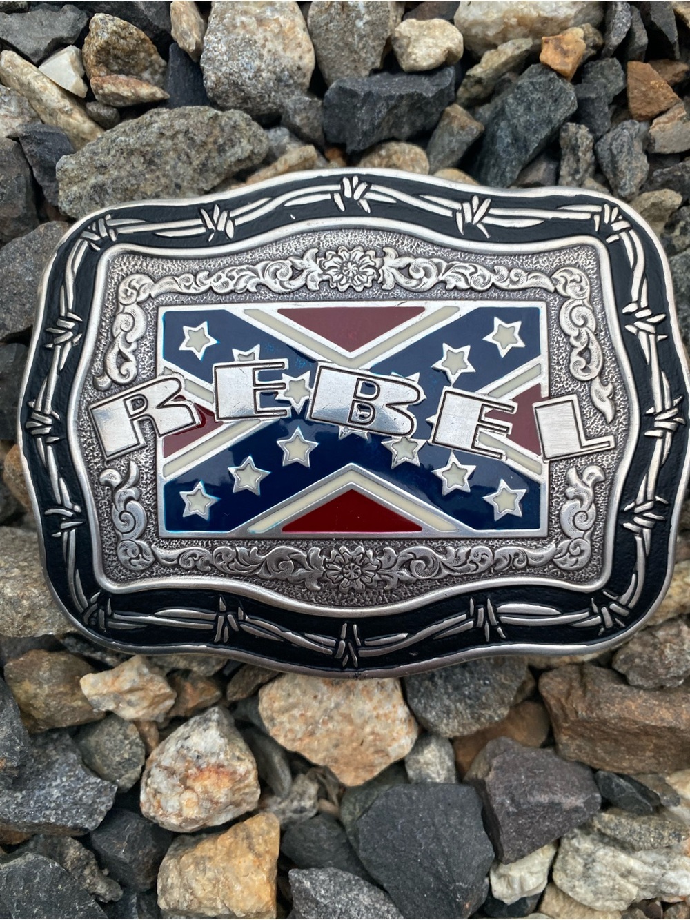 Vintage Crumrine Rebel Enamel Western Belt Buckle in Navy, Red & Silver